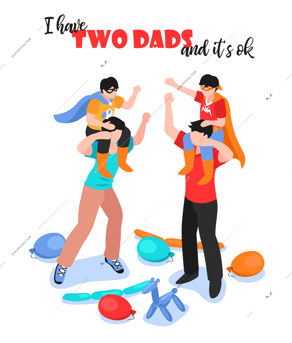 Lgbt family with two dads and boys having fun 3d isometric vector illustration