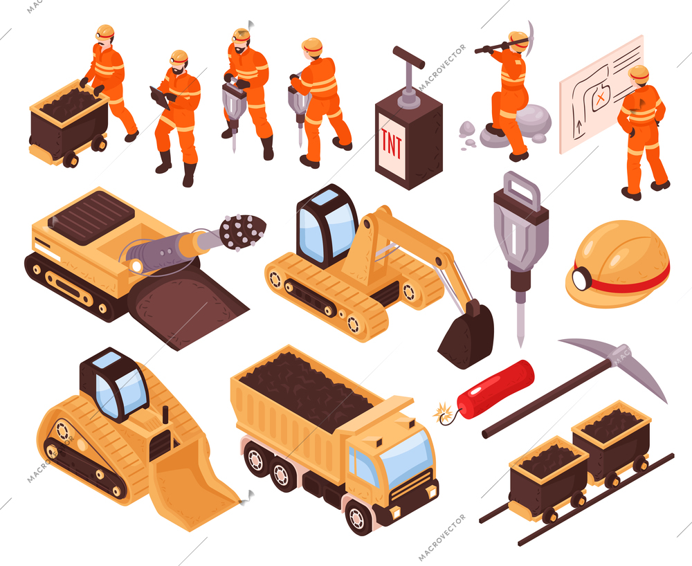 Isometric set of icons with mining machinery and miners isolated on white background 3d vector illustration