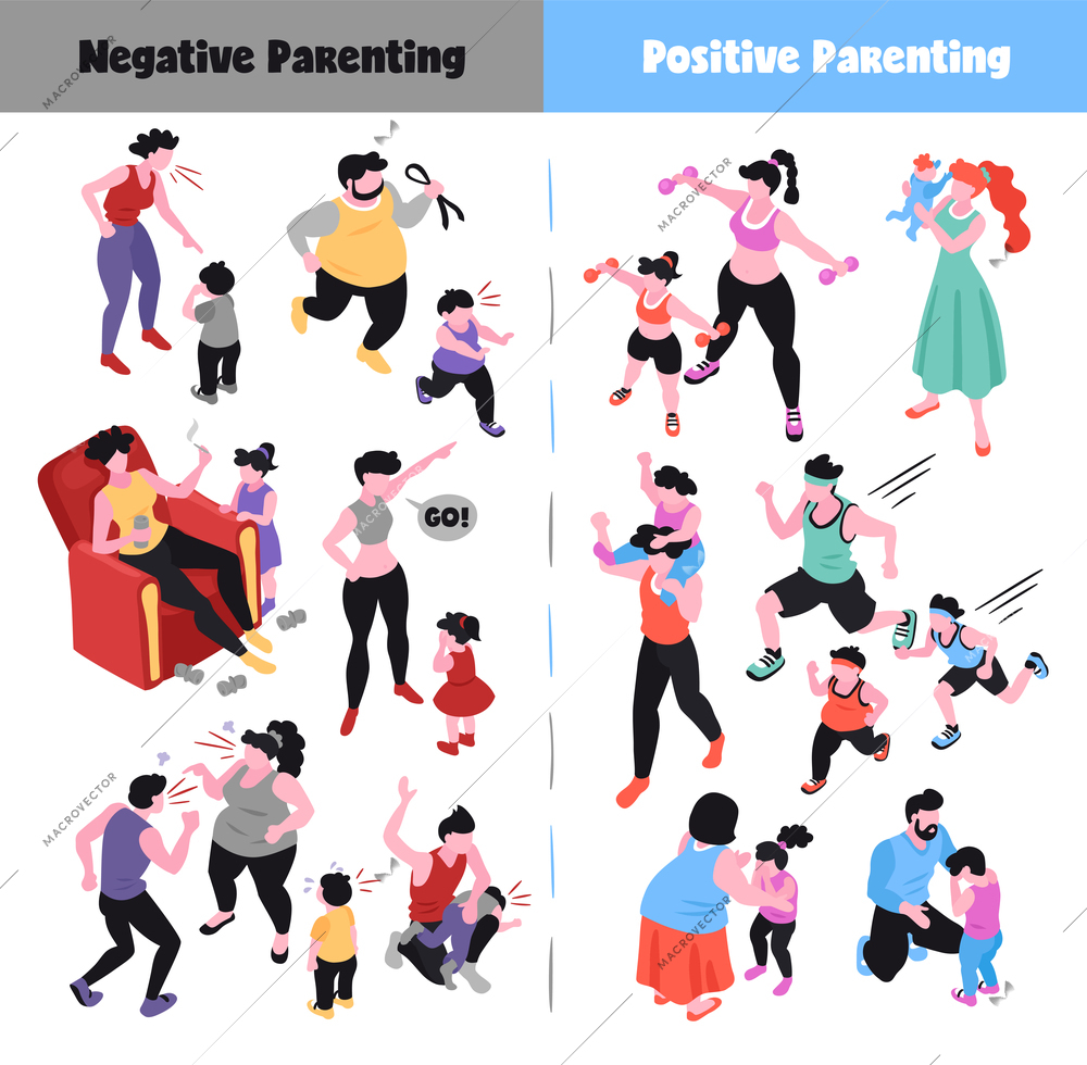 Parenting isometric icons set depicting positive and negative ways of raising children 3d isolated vector illustration