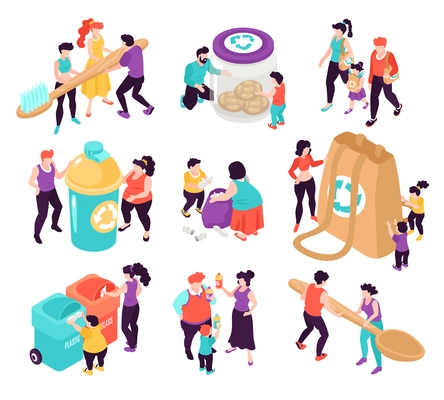 Zero waste colorful isometric icons set with people sorting garbage isolated on white background 3d vector illustration
