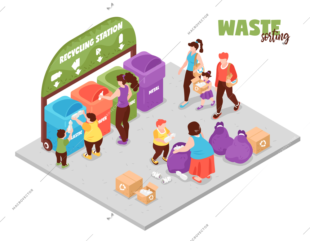 People having zero waste lifestyle and sorting garbage at recycling station 3d isometric vector illustration