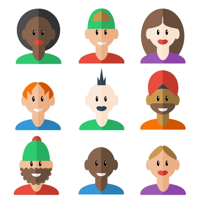 Trendy face and headwear social media forums participants profile avatar man woman design set isolated vector illustration