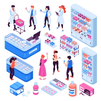 Isometric pharmacy set with pharmacists and people buying medicine isolated on white background 3d vector illustration