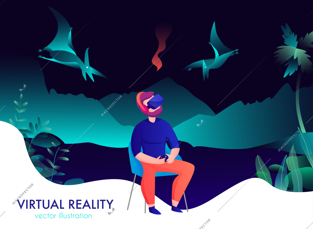 Virtual reality composition with man in goggles watching flying dinosaurs cartoon vector illustration