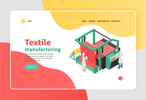 Colorful isometric banner with textile factory equipment concept 3d vector illustration