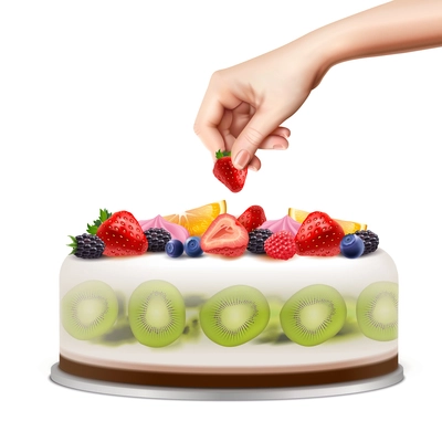 Hand decorating birthday or wedding cake with fresh fruits berries closeup side view realistic image vector illustration