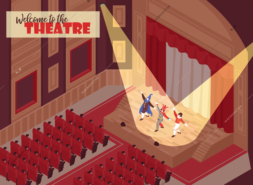 People watching performance in opera theatre hall 3d isometric vector illustration