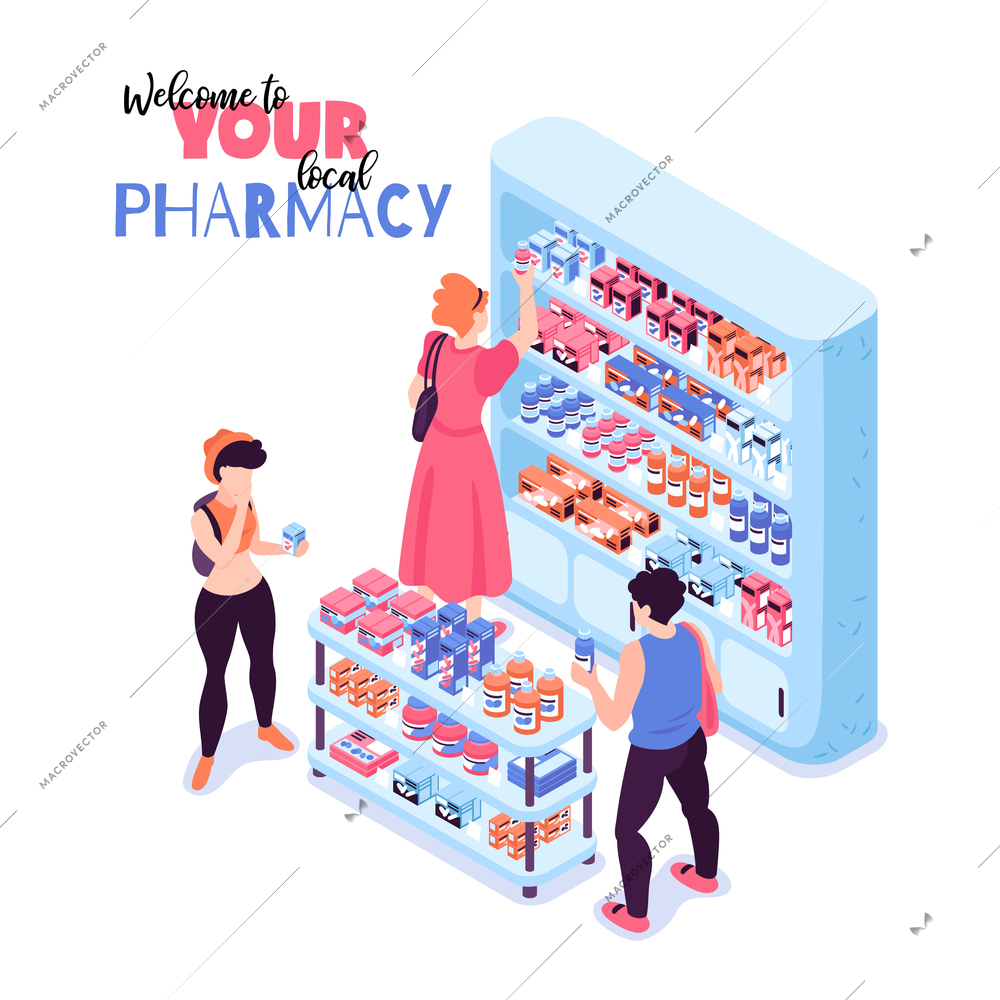 Customers buying medicine in pharmacy 3d isometric vector illustration