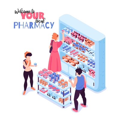 Customers buying medicine in pharmacy 3d isometric vector illustration