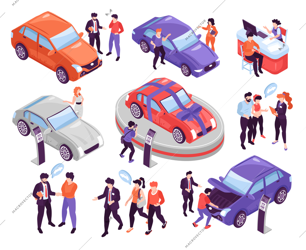 Isometric icons set with people discussing and choosing cars in show room isolated on white background 3d vector illustration