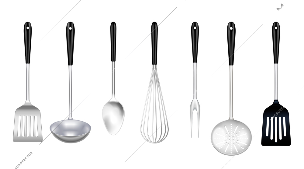 Kitchen stainless steel tools realistic set with cooking fork slotted turner skimmer ladle whisk isolated vector illustration