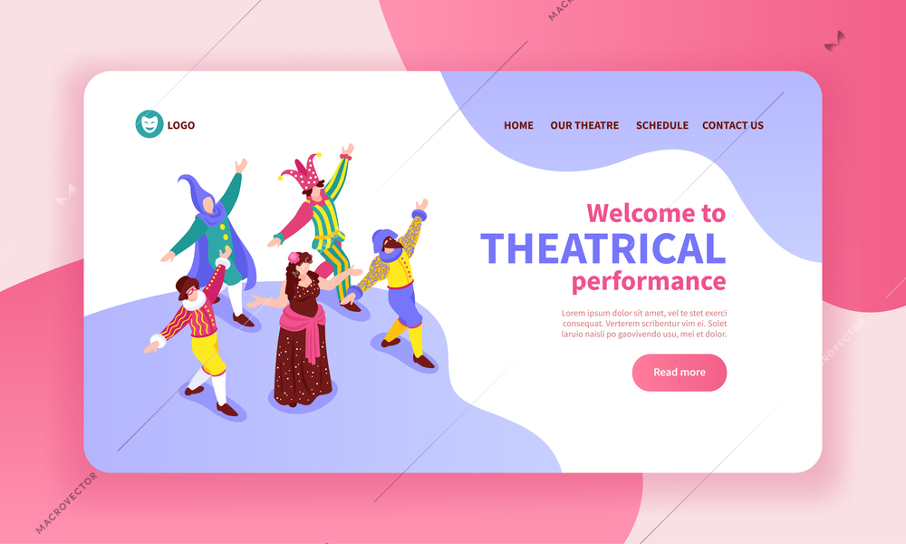 Isometric concept banner with dancing actors wearing classical costumes 3d vector illustration