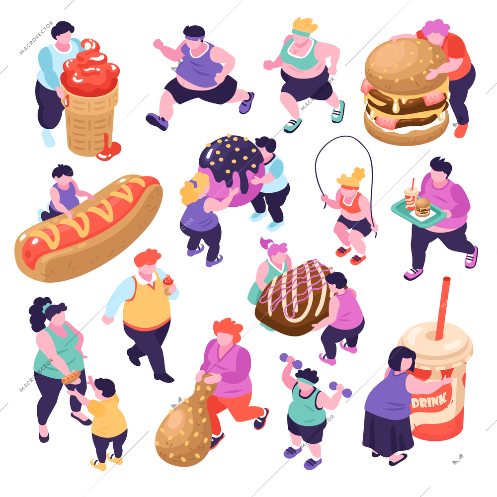 Men and women suffering from gluttony and doing sports isometric icons set isolated on white background 3d vector illustration