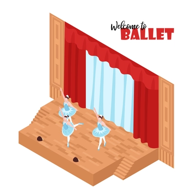 Three ballerinas performing on theatre stage 3d isometric vector illustration