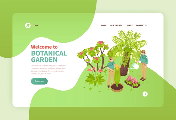 Two people working in botanical garden with exotic plants isometric banner 3d vector illustration