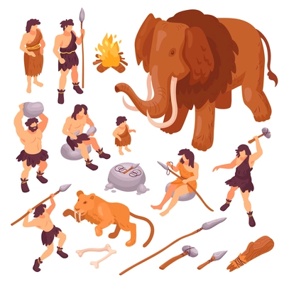 Isometric set of icons with primitive people their weapons and ancient animals isolated on white background 3d vector illustration