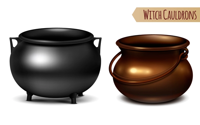 Two decorative witch cauldrons metal pots black and bronze with arc shaped hanger  realistic image vector illustration