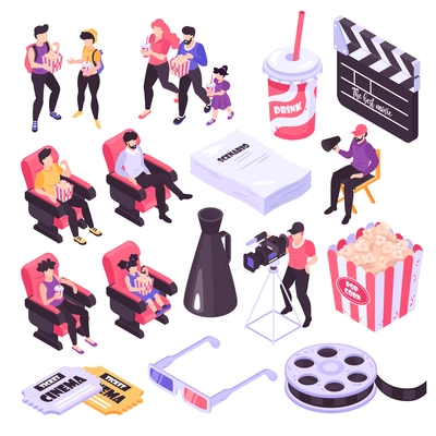 Cinema and movie shooting isometric icons set isolated on white background 3d vector illustration
