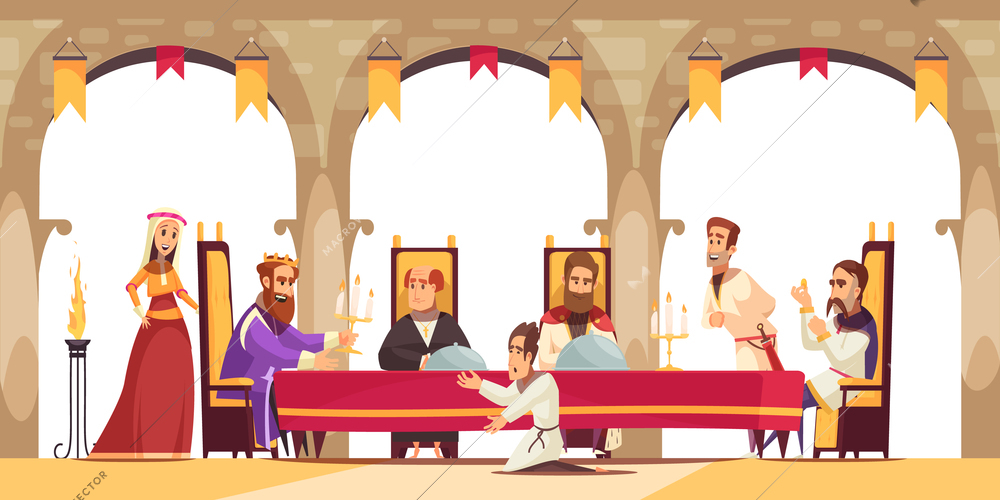 Castle cartoon poster with king sitting on throne surrounded by his entourage and citizen asking on knees vector illustration