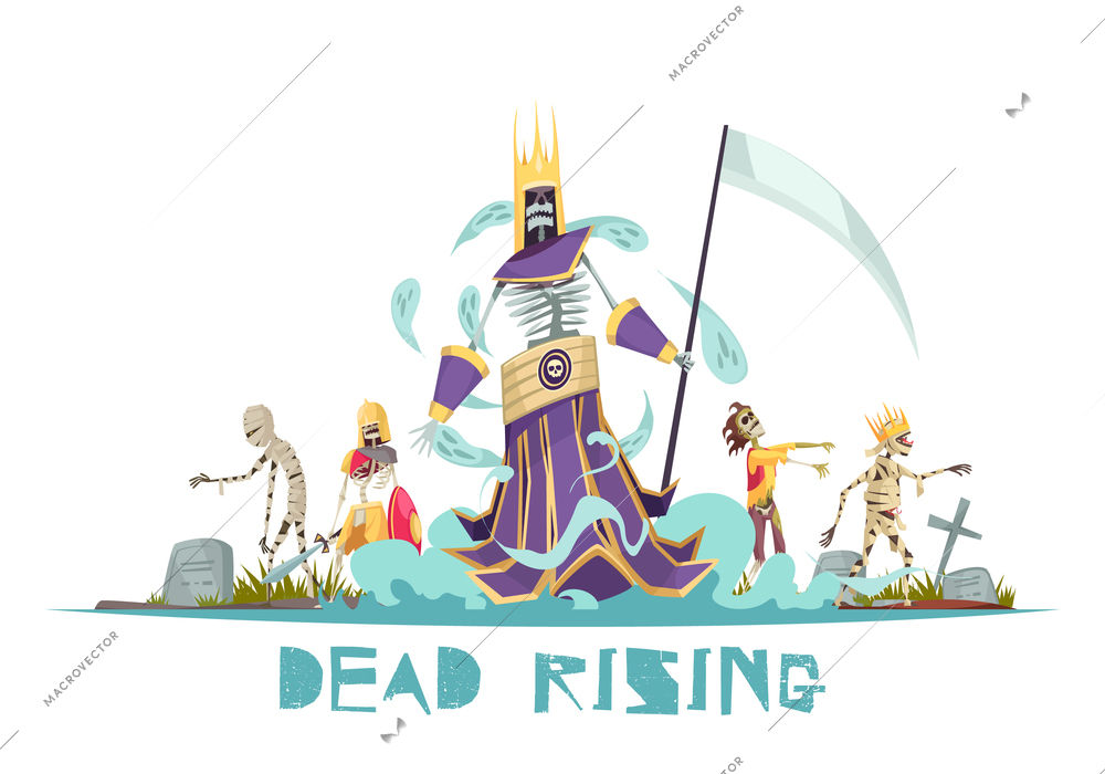 Dead rising spooky design concept with ghosts walking around cemetery between graves with crosses vector illustration