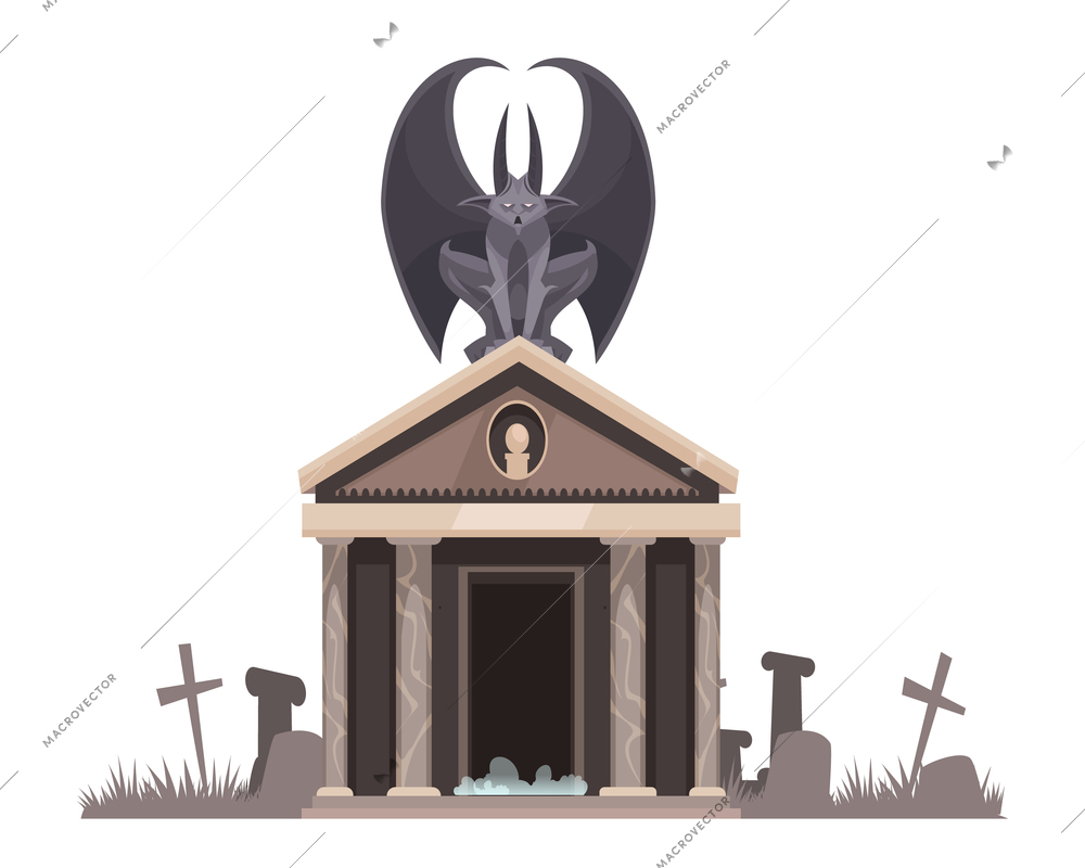 Dark evil with spread wings sitting on roof of the cemetery crypt near graves with crosses cartoon vector illustration