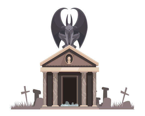 Dark evil with spread wings sitting on roof of the cemetery crypt near graves with crosses cartoon vector illustration