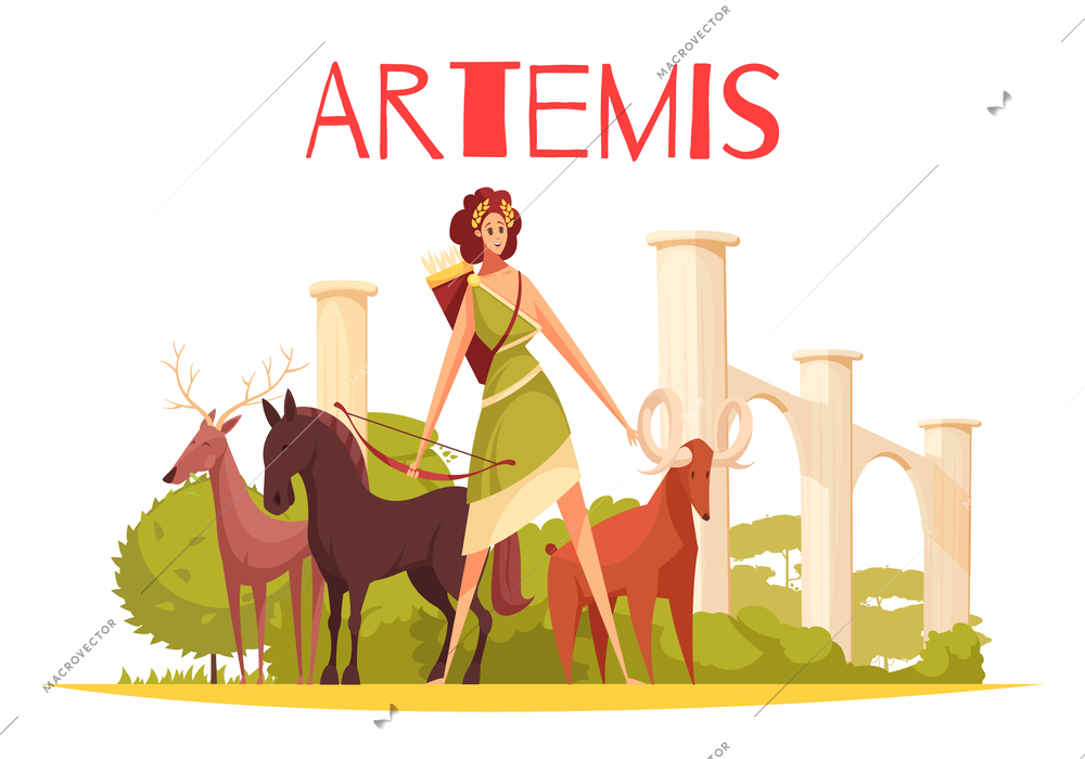 Greek goddess flat composition with cartoon characters of artemis holding bow and group of animals vector illustration