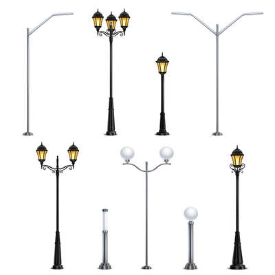 Street lights realistic icon set on white background in different styles for the city vector illustration