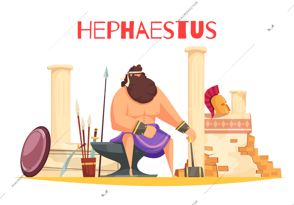Greek gods cartoon composition with  powerful figurine of hephaestus sitting on anvil and holding hammer flat vector illustration