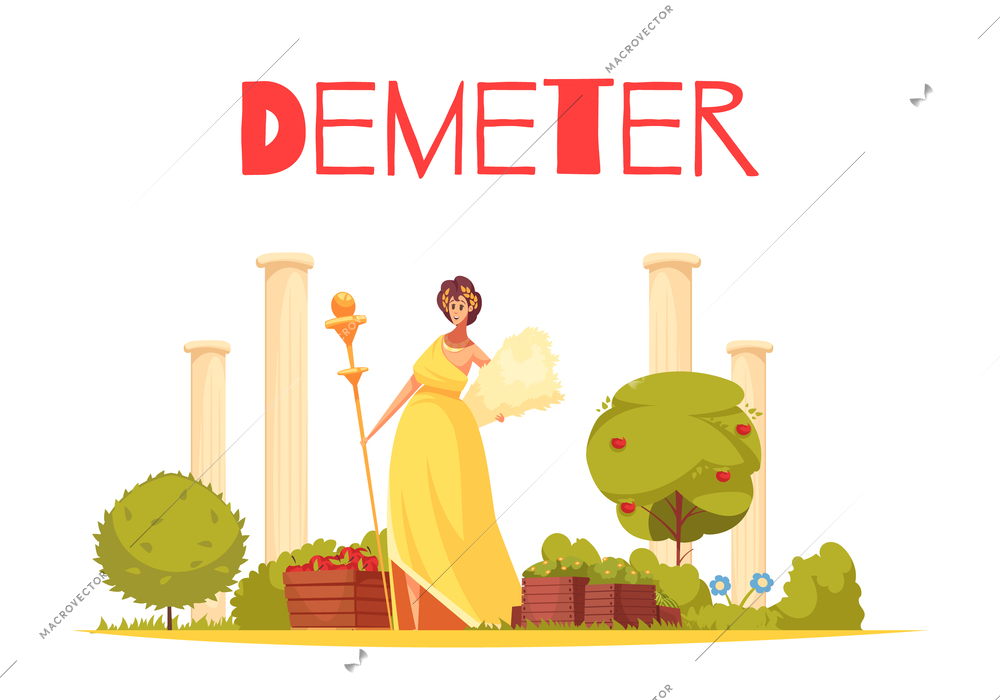 Demeter cartoon composition with elegant figurine of greek goddess standing on ancient architecture background flat vector illustration