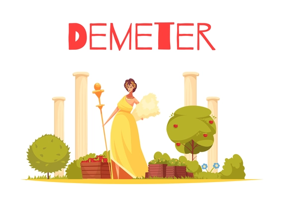 Demeter cartoon composition with elegant figurine of greek goddess standing on ancient architecture background flat vector illustration