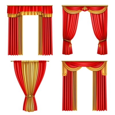 Four different luxury curtains realistic icon set for decoration of opera event theater vector illustration