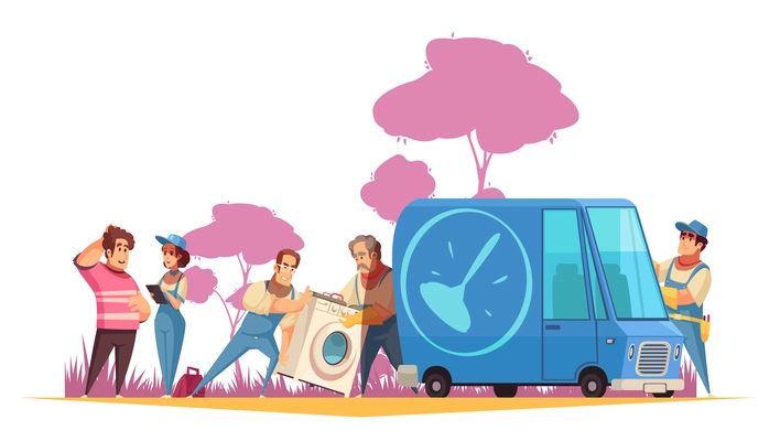 Flat composition with plumbers transporting washing machine to service center for repair  cartoon vector illustration