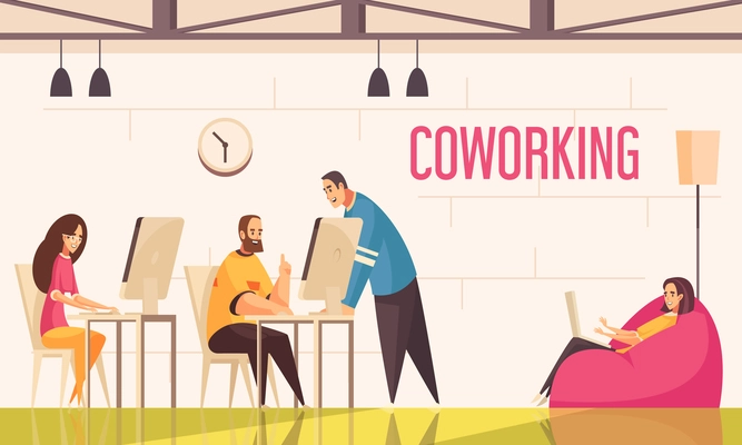 Coworking people design concept with group of positively tuned creative persons working in office flat vector illustration