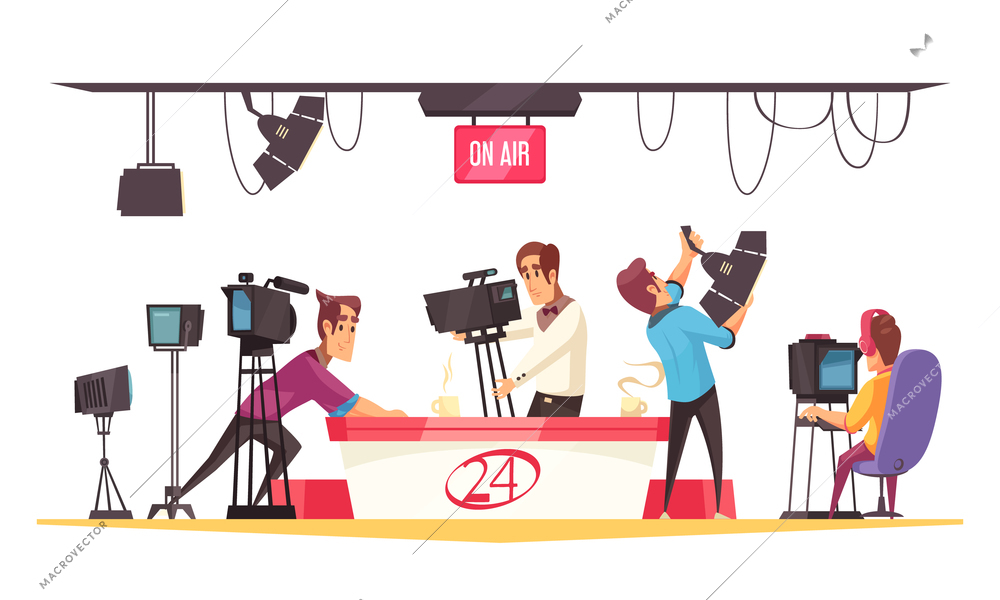 Social media cartoon composition with journalist in front of monitor and cameramen with video camera flat vector illustration