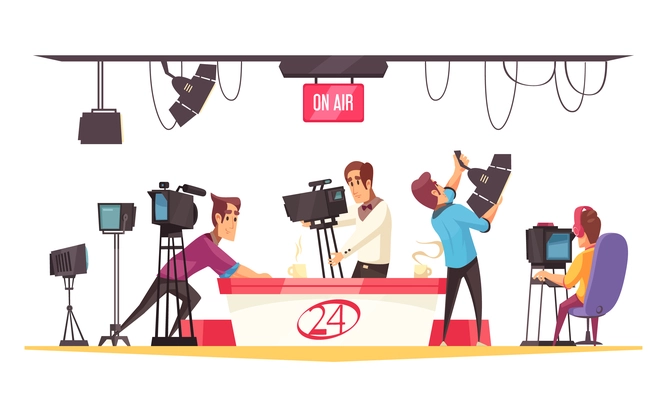 Social media cartoon composition with journalist in front of monitor and cameramen with video camera flat vector illustration