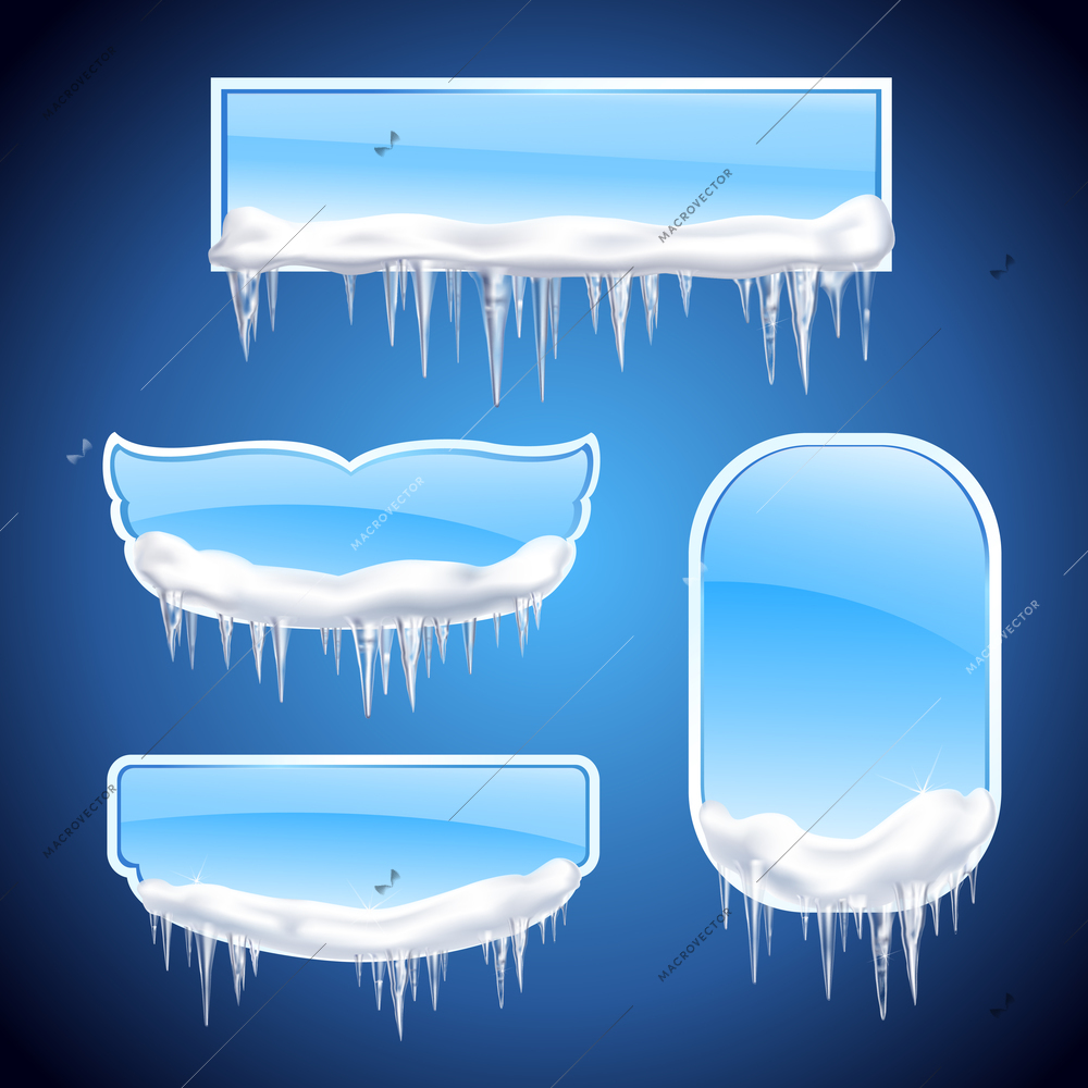 Isolated icicles frames realistic icon set with different shape windows or frames on blue background vector illustration