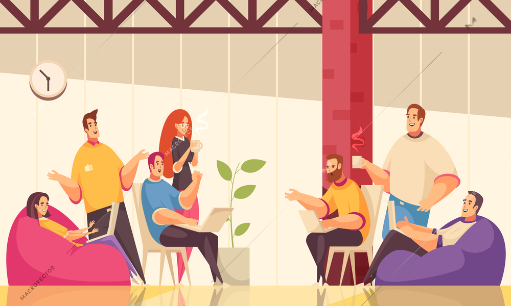 Coworking horizontal vector illustration with group of creative employees discuss common business task over coffee in open space office