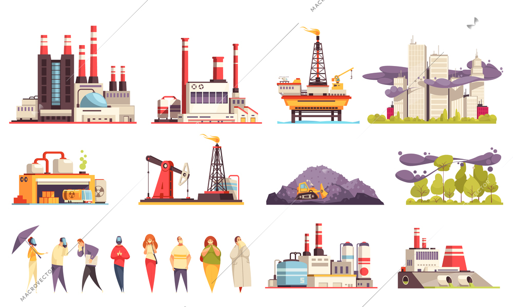 Industrial buildings cartoon set of factories power plants oil offshore platform isolated vector illustration