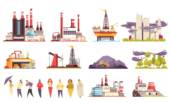 Industrial buildings cartoon set of factories power plants oil offshore platform isolated vector illustration