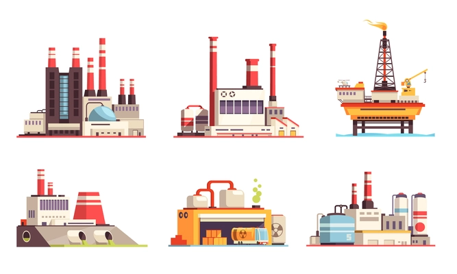 Industrial buildings flat set of petroleum industry power plants power stations oil offshore platform isolated vector illustration