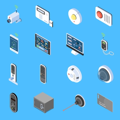 Home security isometric icons set with elements of video surveillance system fire alarm and code locks isolated vector illustration