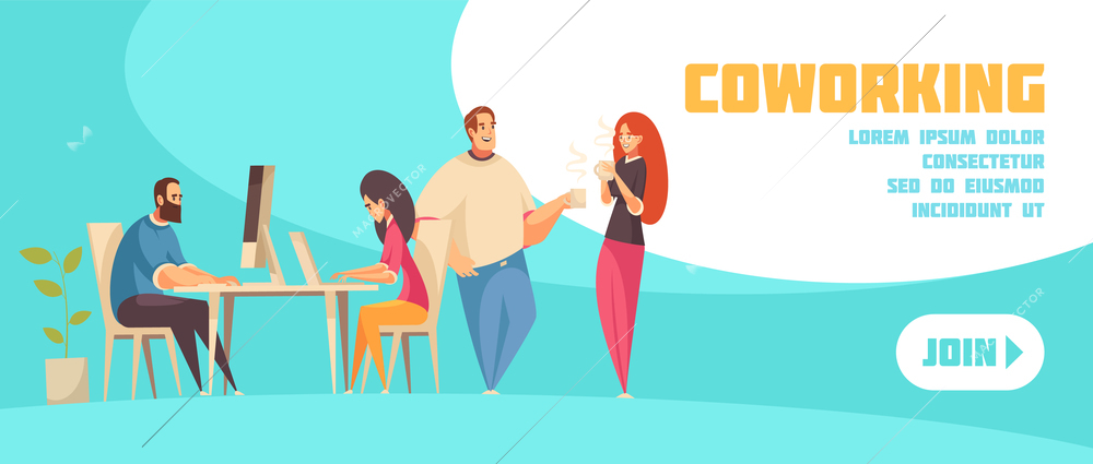 Join to coworking horizontal web banner with group of creative people sitting at laptop and talking over coffee flat vector illustration
