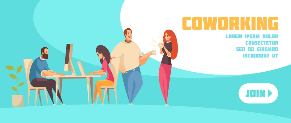Join to coworking horizontal web banner with group of creative people sitting at laptop and talking over coffee flat vector illustration