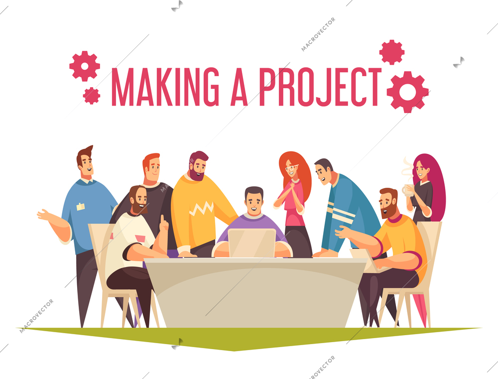 Coworking design concept with group of people working in team and making common project vector illustration
