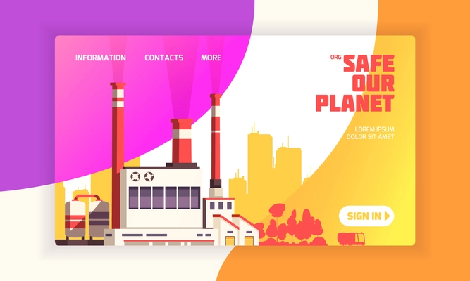 Urban landing page for environmental defense websites with power plant and caption safe our planet vector illustration