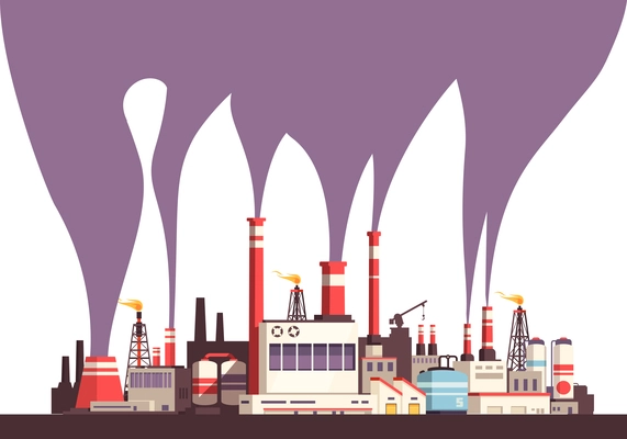 Industrial flat background with set of factories and toxic harmful emissions from plurality of tubes vector illustration