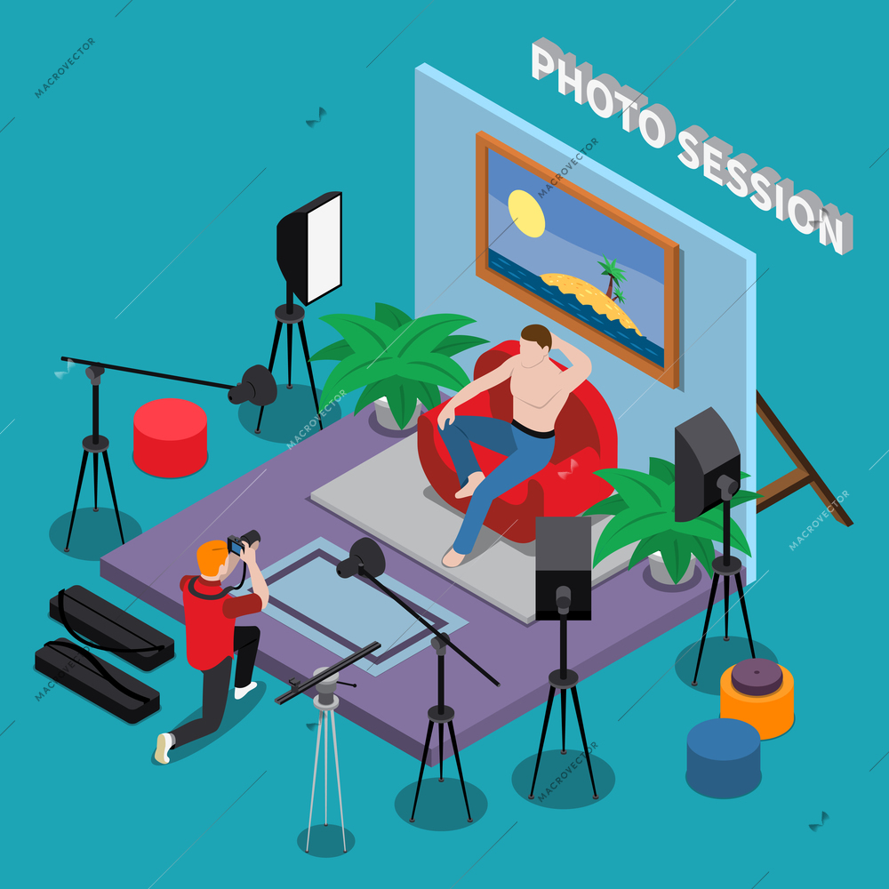 Photo session in studio isometric background with guy of brutal appearance posing for photographer vector illustration