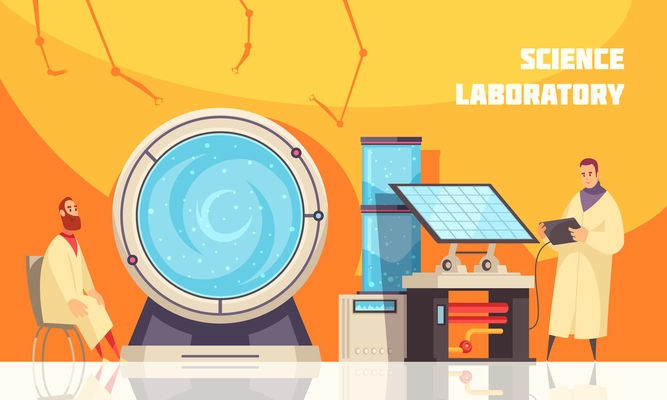 Experimenting scientists in laboratory near large centrifuge with liquid for chemistry or  biotechnology equipments flat vector illustration