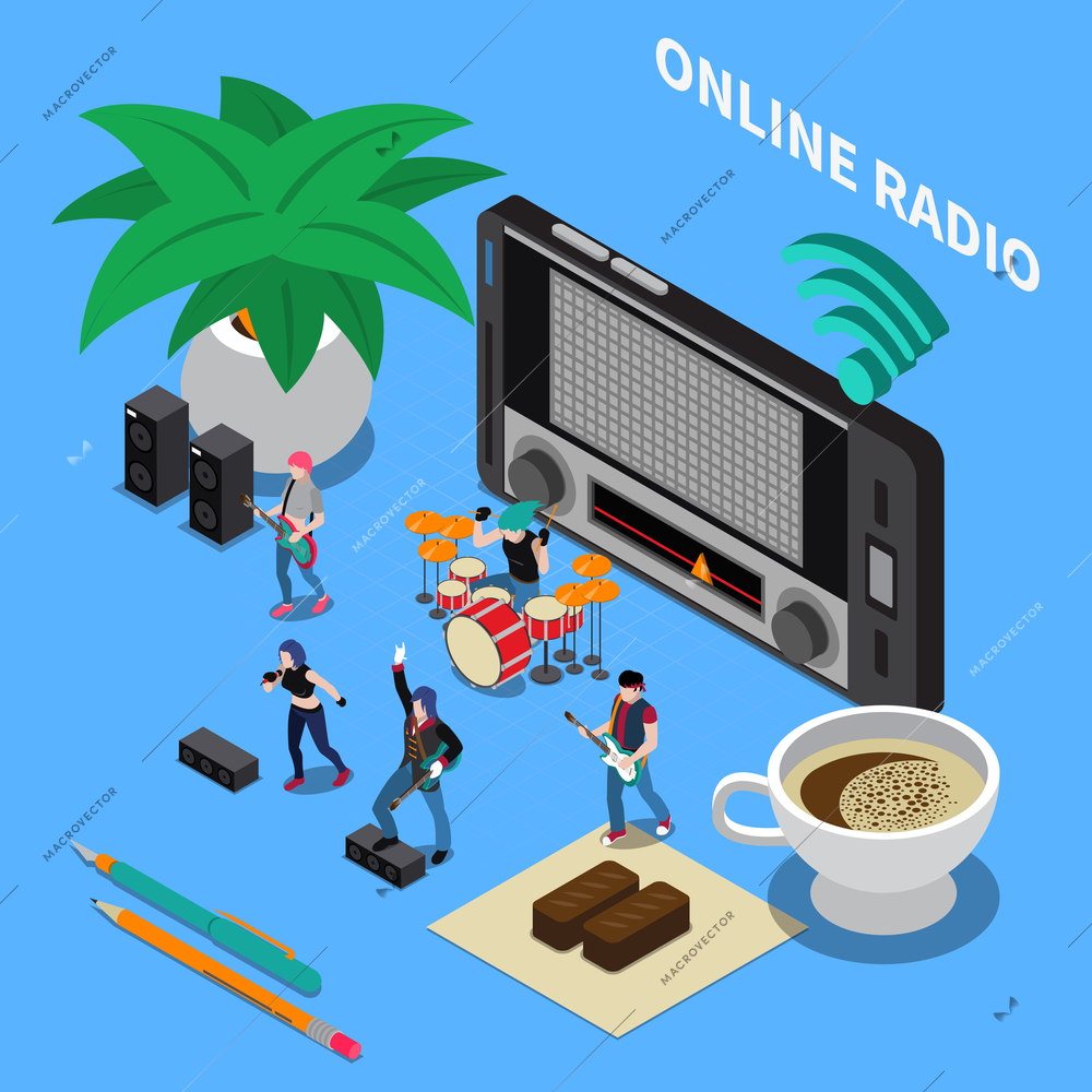 Online radio isometric composition with radio receiver tuned to music wave and band performing popular songs vector illustration